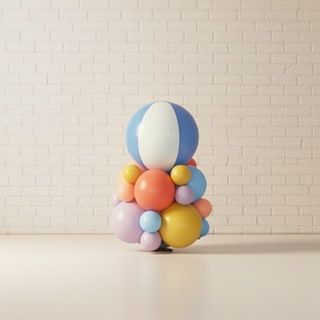 Colorful balloon arrangement on a wooden floor with a white paneled wall background
