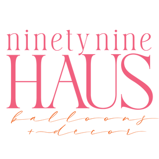Ninety Nine Haus Balloons and Decor logo in elegant pink and orange lettering