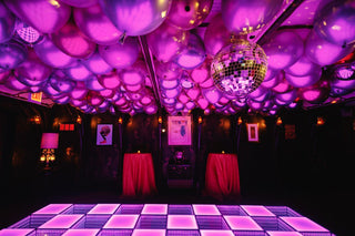 Purple disco dance floor  wedding event decor with the 99 Haus Balloons and Decor custom event service