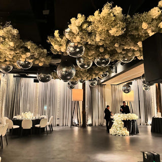 Chrome orbs ceiling wedding event decor with the 99 Haus Balloons and Decor custom event service
