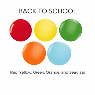 Color swatches labeled 'Back to School' with red, yellow, green, orange, and seaglass on a white background.