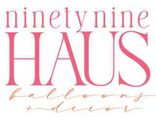 Logo with 'ninety nine HAUS balloons and decor' text in bright pink on a transparent background