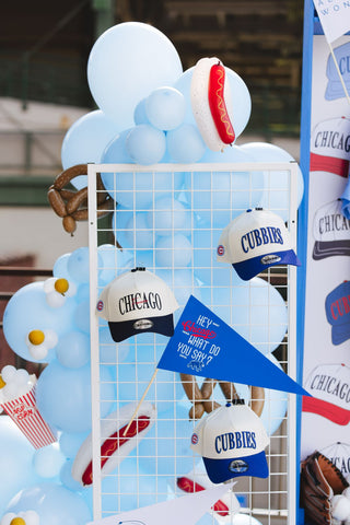 Detailed look at Alice & Wonder baseball themed balloon installation with the 99 Haus Balloons and Decor custom event service