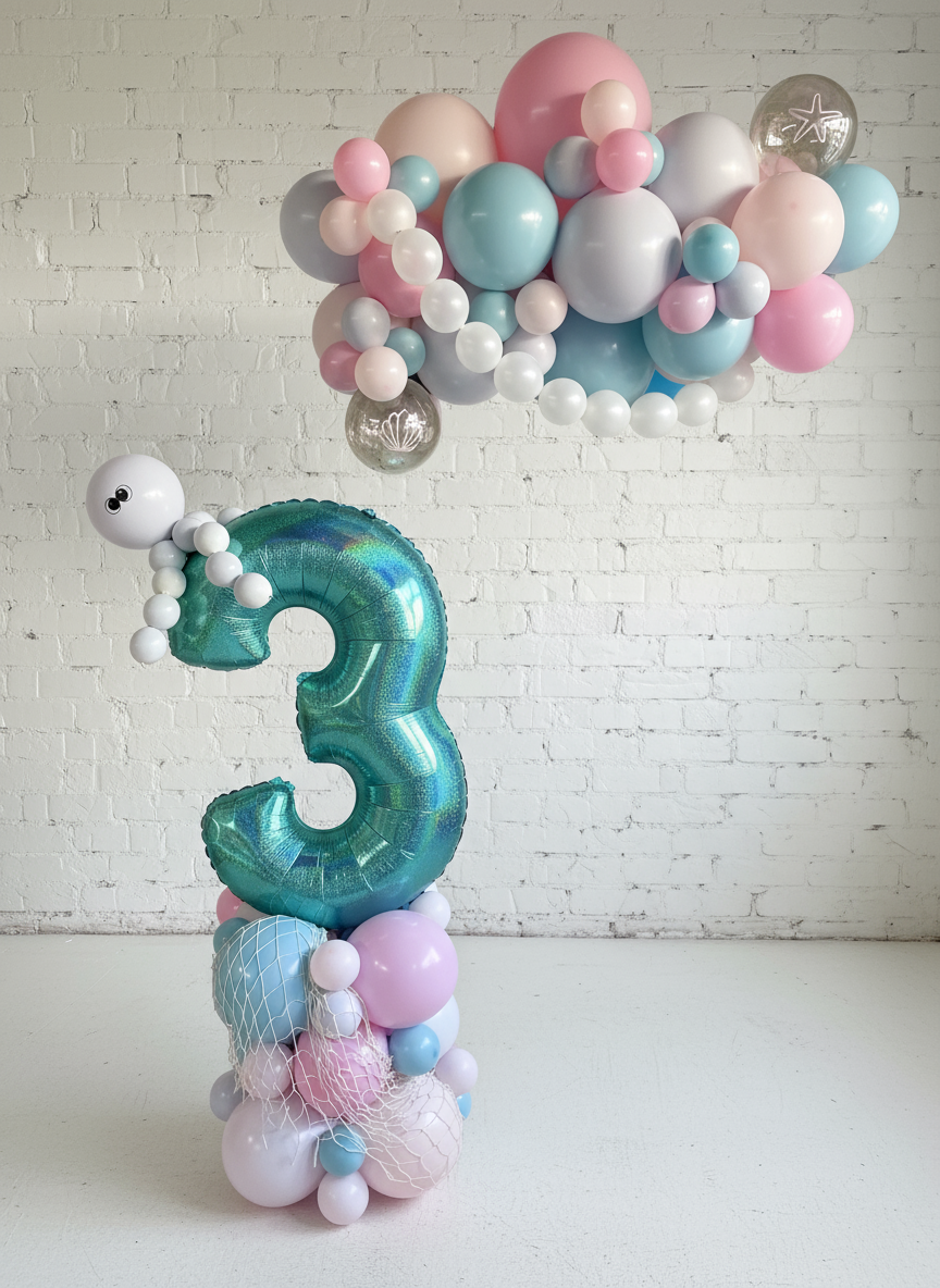 A decorative balloon display featuring a large number 3 with a deep sea theme, including blue, pink, and white balloons, and an underwater creature figurine.