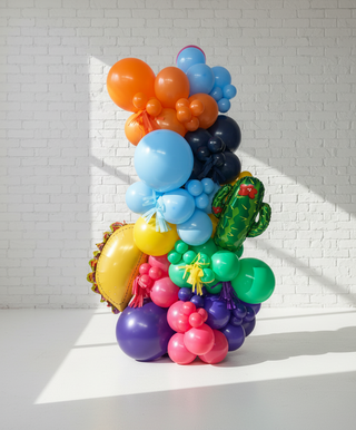 A freestanding garland decoration featuring a variety of colorful balloons including shades of blue, orange, purple, green, and yellow, with some shaped like cacti, creating a festive look.