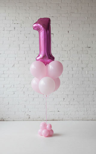 A helium balloon bouquet for a first birthday celebration, featuring a large pink number 1 surrounded by small pink balloons, tied to a weight for stability.
