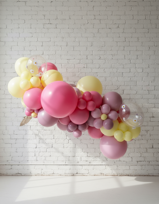A pink spring themed balloon garland